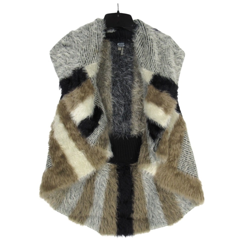 SIONI Black/White/Tan FAUX FUR Open Front EYELASH KNIT SWEATER TRIM Vest Sz S/M